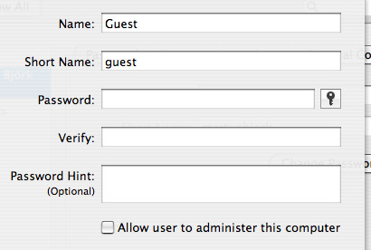 Example settings for a guest account