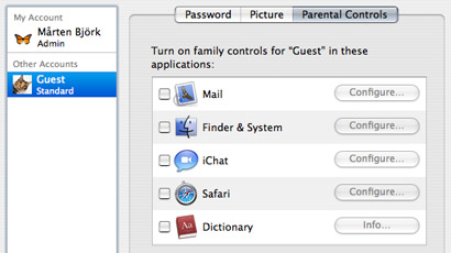 Parental controls for a guest account